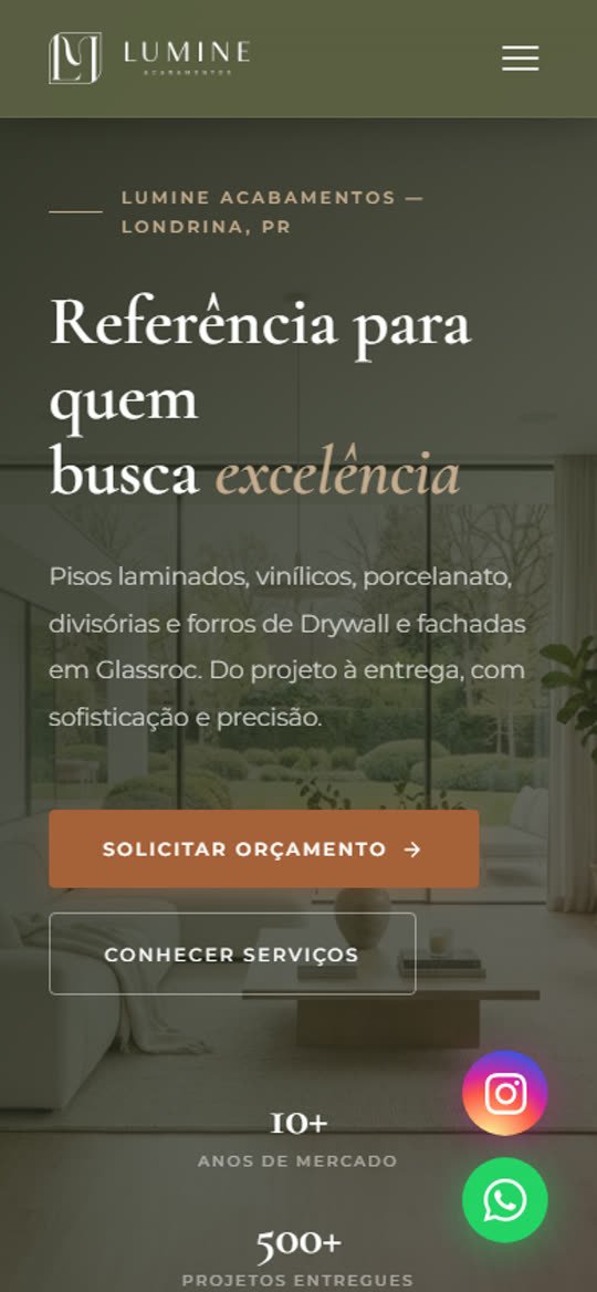 Site da Lumine Acabamentos, versão celular